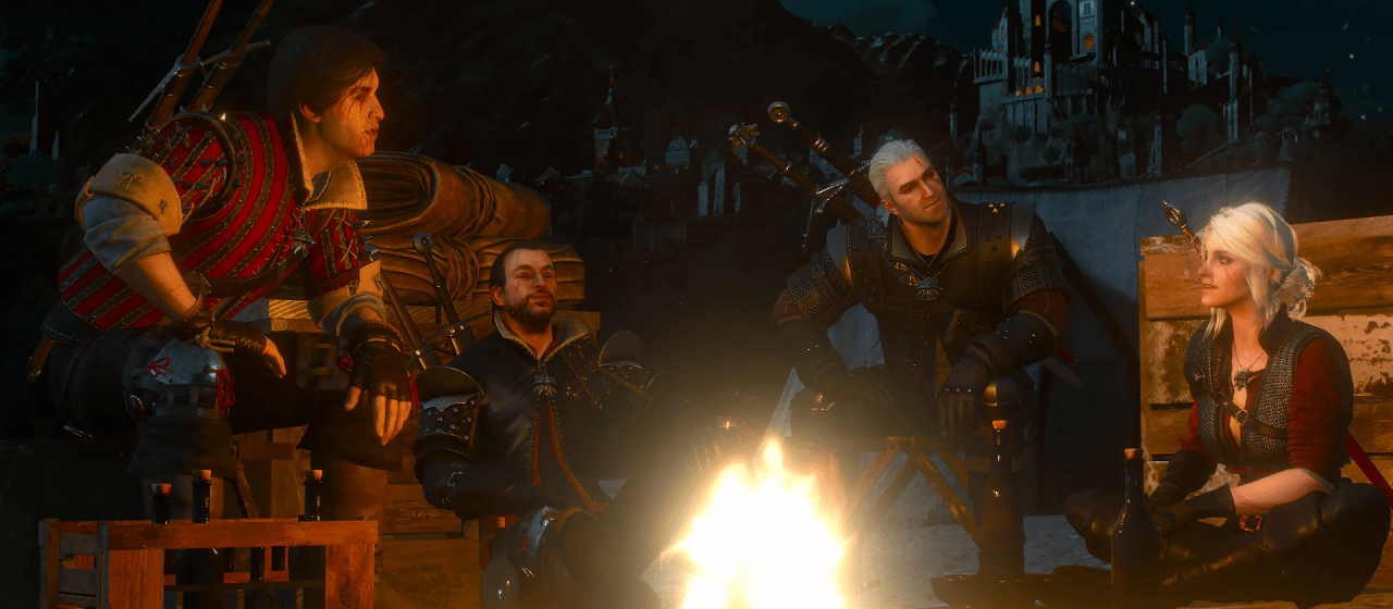 Four characters from The Witcher 3 sit around a campfire.